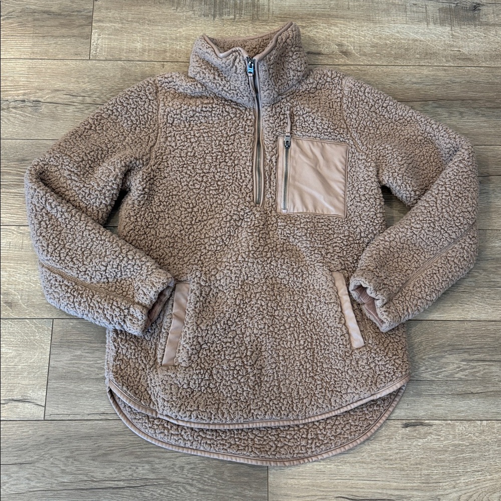Abercrombie & Fitch Brown Sherpa with Vegan Leather Detailed Quater Zip PullOver